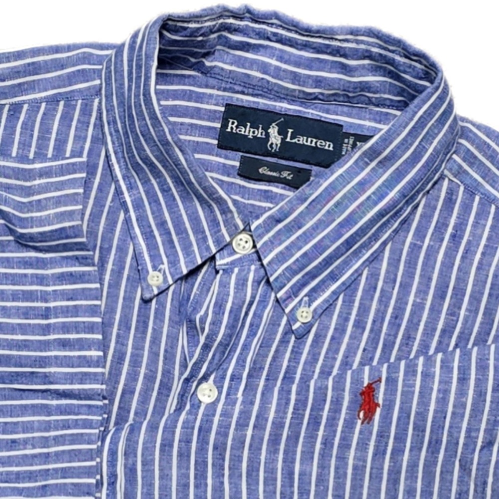 VTG Ralph Lauren Linen Shirt Mens XLT Blue Striped Classic Fit Button Down 90s